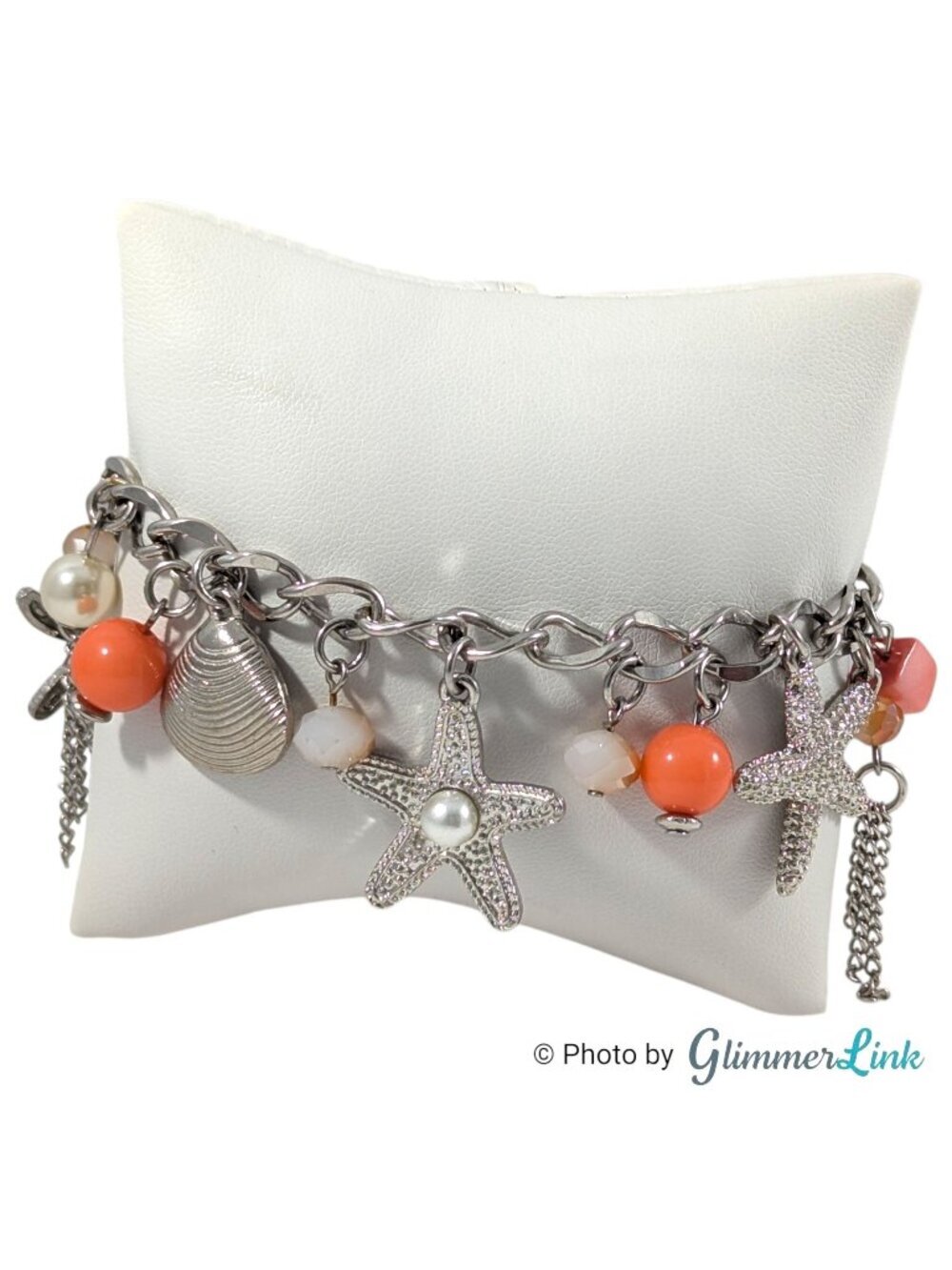 Starfish Charm Bracelet Silver Tone Coral Beads Shell Beach Theme